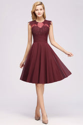 A-line Chiffon Appliques Jewel Sleeveless Knee-Length Bridesmaid Dresses with Ruffles